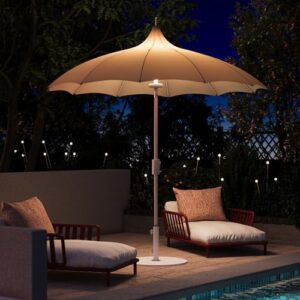 Elevate your outdoor gatherings with the Lausaint Home 9ft Pagoda Patio Umbrella featuring LED light, petal-shaped canopy, and 360° rotation. Perfect for patios, decks, and pools!
