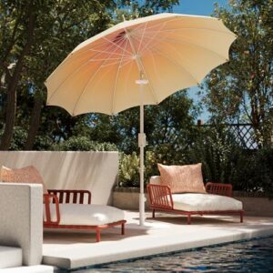 Elevate your outdoor gatherings with the Lausaint Home 9ft Pagoda Patio Umbrella featuring LED light, petal-shaped canopy, and 360° rotation. Perfect for patios, decks, and pools!
