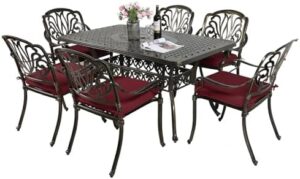 Enhance your outdoor gatherings with the MEETWARM 7-Piece Patio Dining Set, featuring 6 cushioned chairs and a weather-resistant table with umbrella hole. Perfect for backyard gatherings, this set includes all weather cast aluminum furniture in chili red.