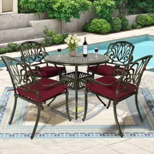 Discover the MEETWARM 5 Piece Outdoor Furniture Patio Dining Set, featuring all-weather cast aluminum construction and comfortable cushioned chairs. Perfect for backyard gatherings!