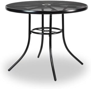 Enhance your outdoor gatherings with the 36" Round Commerical Table, seating 2-4 people and built for a lifetime of use in any weather condition, featuring a stylish steel mesh pattern.
