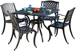 Elevate your outdoor dining with the Christopher Knight Home Hallandale 5-piece cast aluminum set, featuring black sand finish and modern design. Perfect for small patios or balconies!