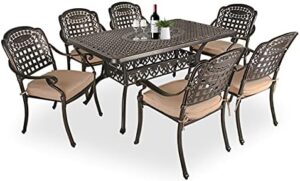 Elevate your outdoor living with the Titimo 7-Piece Dining Set, featuring all-weather cast aluminum furniture with khaki cushions and umbrella hole. Perfect for patios, gardens, or decks.