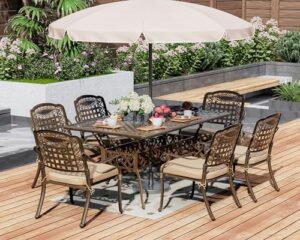 Elevate your outdoor living with the Titimo 7-Piece Dining Set, featuring all-weather cast aluminum furniture with khaki cushions and umbrella hole. Perfect for patios, gardens, or decks.