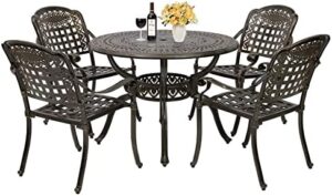 Elevate your outdoor gatherings with this stylish 5-piece dining set featuring all-weather cast aluminum construction and retro pattern design. Perfect for patio, garden or deck use, includes umbrella hole table and four chairs.
