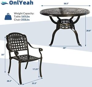 Elevate your outdoor gatherings with this stylish 5-piece dining set featuring all-weather cast aluminum construction and retro pattern design. Perfect for patio, garden or deck use, includes umbrella hole table and four chairs.