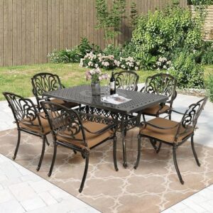 Enhance your outdoor gatherings with the MEETWARM 7-Piece Patio Dining Set. Features all-weather cast aluminum construction, 6 cushioned chairs, and a rectangular table with 2" umbrella hole in dark bronze finish, perfect for backyard decks and gardens.