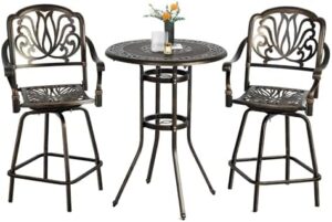 Elevate your outdoor gatherings with the Grepatio 3-Piece Cast Aluminum Patio Bar Set. Includes two stools, a high-top table, and swivel chairs for a complete bistro set. Perfect for backyard or garden use, without cushion.
