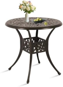 Enjoy a sunny dinner party with the Cast Aluminum Patio Table, featuring an umbrella hole and sturdy construction. Perfect for backyard gatherings.