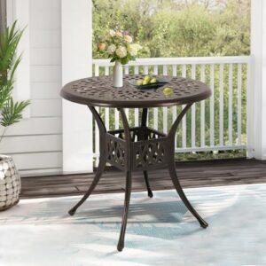 Enjoy a sunny dinner party with the Cast Aluminum Patio Table, featuring an umbrella hole and sturdy construction. Perfect for backyard gatherings.