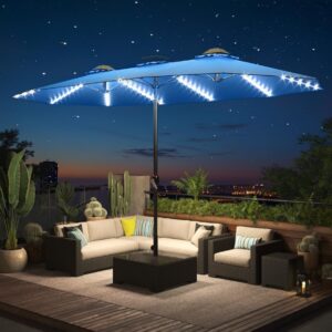 Enhance your outdoor living space with AECOJOY's 15ft patio umbrella featuring solar lights, double canopy and crank handle. Perfect for backyard decks and pools in blue.