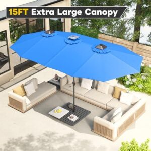 Enhance your outdoor living space with AECOJOY's 15ft patio umbrella featuring solar lights, double canopy and crank handle. Perfect for backyard decks and pools in blue.