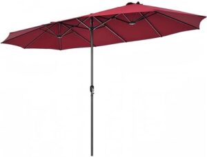 Here is the meta description:

"Stay shaded and protected outdoors with this 15ft large patio umbrella featuring a double-sided design, crank handle, and UV protection for pool, lawn, garden, and backyard use."