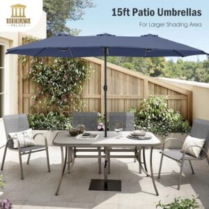 Here is the generated SEO meta description:

"Upgrade your outdoor space with this heavy-duty umbrella patio set featuring a 15ft rectangle table and double market umbrellas. Perfect for decks, pools, or yards, this navy blue set includes a sturdy stand for effortless setup."