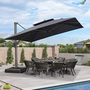 Large patio umbrella with cantilever design and windproof features for outdoor use. Perfect for garden, deck, backyard, or pool areas, measures 12x12 feet, grey color.
