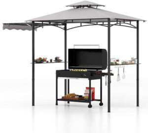 Here is the meta description:

"Elevate your outdoor gatherings with the Tangkula 11x5 FT Grill Gazebo, featuring a spacious 2-tier barbeque area, 12 hooks and bottle opener. Perfect for backyard poolside use."