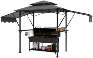 Elevate your outdoor gatherings with this 8'x5' grill gazebo canopy, featuring led lights, extra shadows, and practical accessories like a bottle opener and hanging hooks. Perfect for patio, backyard, garden or beach use!
