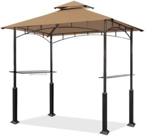 Enjoy outdoor gatherings with the Eurmax USA 5x8 Grill Gazebo Shelter featuring a soft top canopy, steel frame, and bar counters. Perfect for patio BBQs, this gazebo also includes two bonus LED lights.