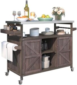 Here is the output:

"Elevate your outdoor entertaining with this K&K rolling bar cart and storage cabinet featuring a solid wood frame, stainless steel top, and ample storage space. Perfect for kitchen and barbecue enthusiasts."