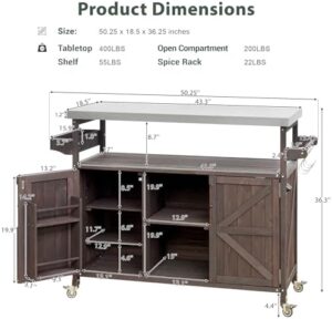 Here is the output:

"Elevate your outdoor entertaining with this K&K rolling bar cart and storage cabinet featuring a solid wood frame, stainless steel top, and ample storage space. Perfect for kitchen and barbecue enthusiasts."