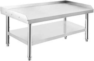 Elevate your kitchen with the Stainless Steel Equipment Grill Stand Table, featuring a 1000 lbs top shelf and 220 lbs bottom shelf. Perfect for hotel, home, or commercial restaurant kitchens. Boost efficiency with adjustable legs and a 2" edge baffle.