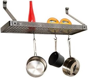 Elevate your kitchen with the Enclume Premier Deep Bookshelf Wall Pot Rack, featuring hammered steel construction and ample storage space for cookware.