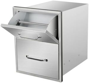 Discover flush-mount outdoor kitchen drawers with paper towel holder and chrome handle, perfect for BBQ stations. Durable stainless steel design, 16" wide x 20"H x 20"D. Enhance your outdoor cooking experience!
