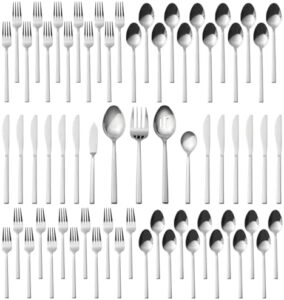 Elevate your dining experience with the Alata Cube 65-Piece Forged Stainless Steel Flatware Set, featuring mirror finish and dishwasher safe design. Perfect for families of 12, this comprehensive set includes utensil-serving sets and flatware essentials.