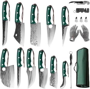 Get ready to cook up a storm with the FULLHI Portable 17pcs Butcher Chef Knife Set, featuring high carbon steel cleavers and green wood handles. Perfect for kitchen pros and camping enthusiasts alike!