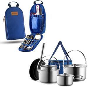 Cooking on the go just got easier! This 8-piece camping cookware set features durable 304 stainless steel pots and pans, perfect for open fire cooking. Includes a 11-piece utensil set and travel organizer for easy transport.