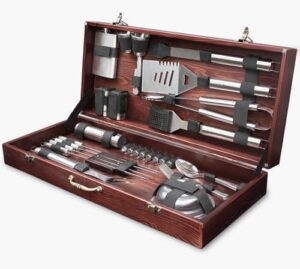 Enhance your outdoor grilling experience with this 39-piece premium grill tool set in a wenge wood case, perfect for barbeque enthusiasts. Perfectly crafted utensils for effortless grilling and cooking.