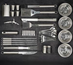 Enhance your outdoor grilling experience with this 39-piece premium grill tool set in a wenge wood case, perfect for barbeque enthusiasts. Perfectly crafted utensils for effortless grilling and cooking.
