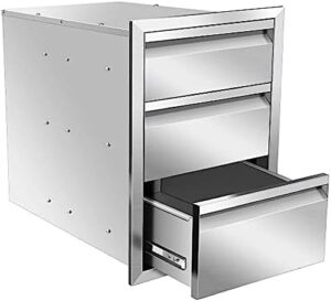 Elevate your outdoor entertaining space with this stainless steel BBQ drawer, featuring triple drawers and flush mount design for seamless integration into your outdoor kitchen island.