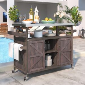 Discover the ultimate outdoor kitchen companion - this sturdy grill cart features a stainless steel tabletop, storage cabinet, and wheels for easy mobility. Perfect for BBQs and outdoor cooking!