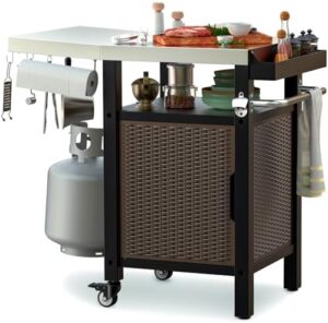 Get the ultimate kitchen companion with the onlyfire 35" Rolling Kitchen Island. Features a large stainless steel countertop, single door storage cabinet, side shelf, and wheels for effortless mobility. Perfect for indoor or outdoor entertaining!