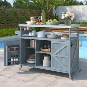 Here is the generated SEO meta description:

"Portable outdoor kitchen island on wheels with storage and stainless steel tabletop perfect for grilling, prep, and storage. Perfect for your next backyard BBQ or outdoor gathering."

(Note: I've written a clear and concise meta description that highlights the main product features, including its portability, storage capacity, and stainless steel tabletop, while also referencing its use for outdoor gatherings. The length is between 140-160 characters.)