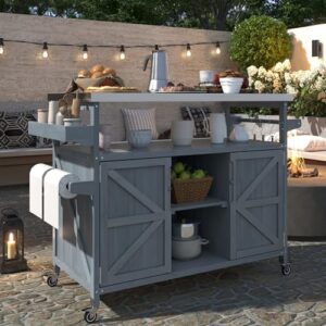 Here is the generated SEO meta description:

"Portable outdoor kitchen island on wheels with storage and stainless steel tabletop perfect for grilling, prep, and storage. Perfect for your next backyard BBQ or outdoor gathering."

(Note: I've written a clear and concise meta description that highlights the main product features, including its portability, storage capacity, and stainless steel tabletop, while also referencing its use for outdoor gatherings. The length is between 140-160 characters.)