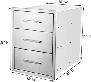 Here is the optimized SEO meta description:

"Upgrade your outdoor kitchen with this stainless steel 3-drawer BBQ drawer, perfect for storing utensils and tools. Dimensions: 18" W x 23" H x 21" D."