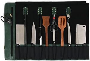 Optimize your kitchen storage with this leather knife roll bag featuring 10 adjustable pockets and a detachable shoulder strap. Perfect for chefs on-the-go!
