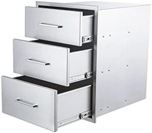 Here is the generated SEO meta description:

"Elevate your outdoor cooking experience with this triple drawer stainless steel storage unit perfect for outdoor kitchens or BBQ islands, featuring 18"W x 24"H x 23"D dimensions"