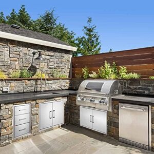 Here is the generated SEO meta description:

"Elevate your outdoor cooking experience with this triple drawer stainless steel storage unit perfect for outdoor kitchens or BBQ islands, featuring 18"W x 24"H x 23"D dimensions"