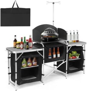 Discover the ultimate camping kitchen table! Foldable, storage-rich & windscreen-equipped for outdoor cooking. Perfect for RVs, parties & backyard BBQs.