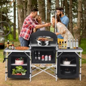 Discover the ultimate camping kitchen table! Foldable, storage-rich & windscreen-equipped for outdoor cooking. Perfect for RVs, parties & backyard BBQs.