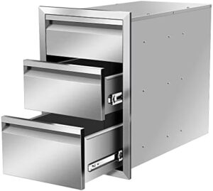 Enhance your outdoor cooking experience with the Outdoor Kitchen Drawer's triple-layer design and durable stainless steel construction, perfect for BBQ islands and patios, measuring 14 x 21 x 23 inches.