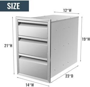Enhance your outdoor cooking experience with the Outdoor Kitchen Drawer's triple-layer design and durable stainless steel construction, perfect for BBQ islands and patios, measuring 14 x 21 x 23 inches.