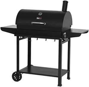 Here is the optimized meta description:

"Upgrade your outdoor cooking experience with this 30-inch charcoal grill featuring 627 sq.in. of cooking space, a side table and storage basket. Perfect for backyard BBQs."