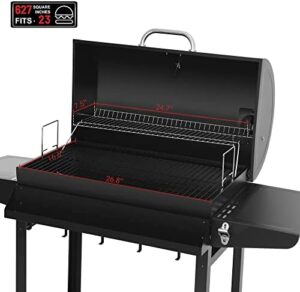 Here is the optimized meta description:

"Upgrade your outdoor cooking experience with this 30-inch charcoal grill featuring 627 sq.in. of cooking space, a side table and storage basket. Perfect for backyard BBQs."