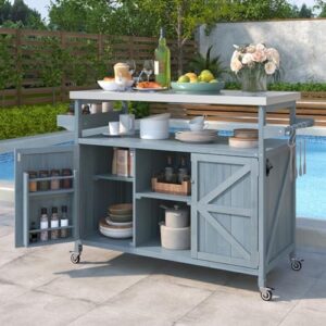 Portable rolling kitchen island with storage cabinet and stainless steel top perfect for outdoor grill, kitchen, or BBQ parties.