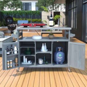 Portable rolling kitchen island with storage cabinet and stainless steel top perfect for outdoor grill, kitchen, or BBQ parties.