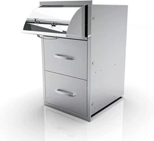 Here is the optimized SEO meta description:

"Upgrade your outdoor kitchen with this 3-drawer stainless steel BBQ drawer, perfect for flush mounting in islands or kitchens. Compact 17x30x21 inches."